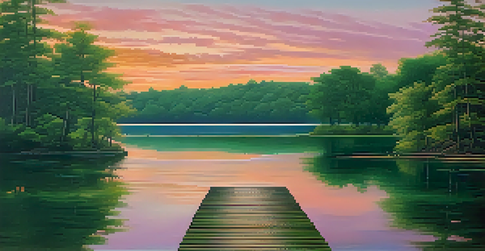 A peaceful sunset over a calm lake with vibrant colors reflecting on the water and lush green trees framing the scene.