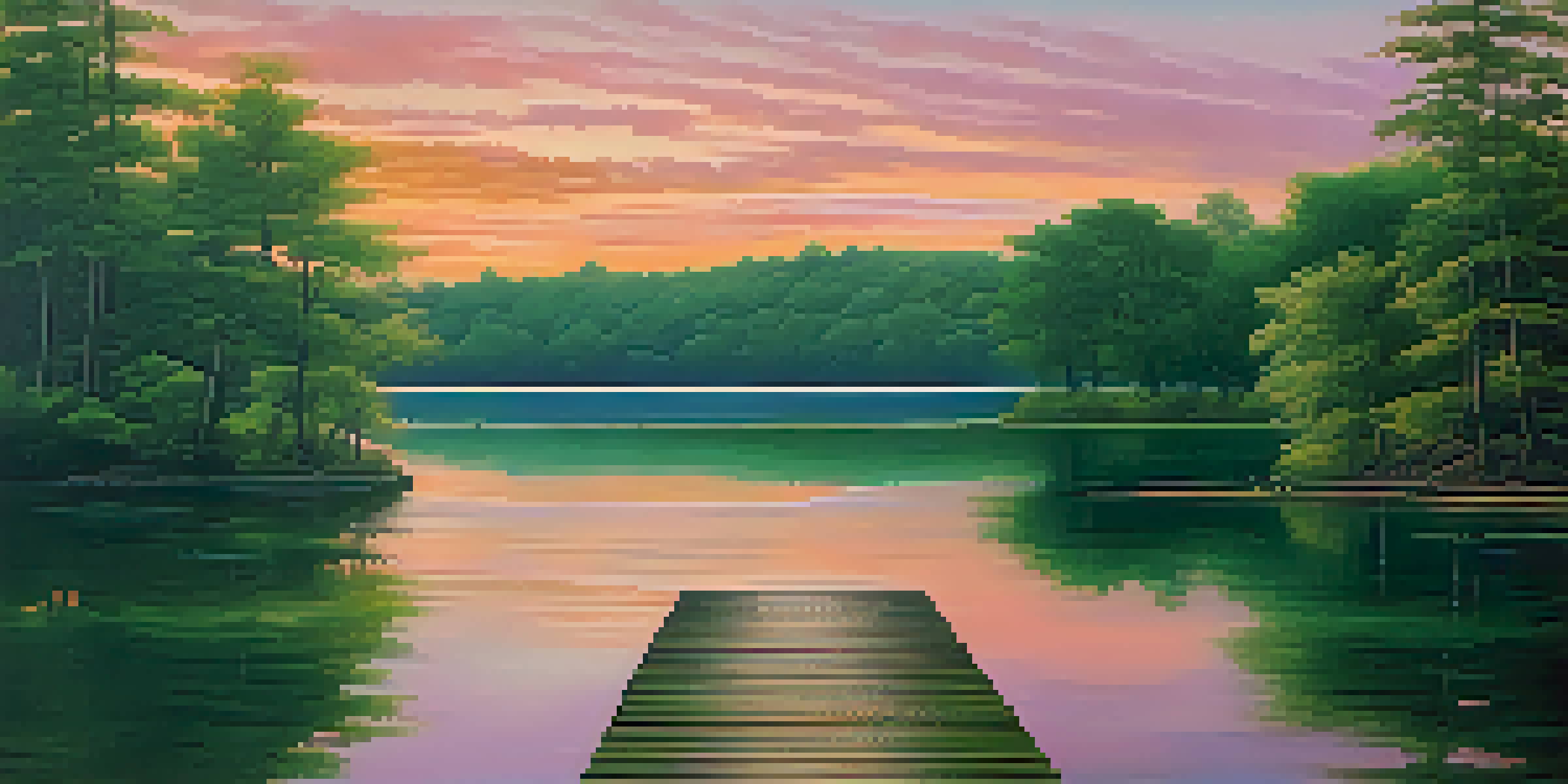 A peaceful sunset over a calm lake with vibrant colors reflecting on the water and lush green trees framing the scene.
