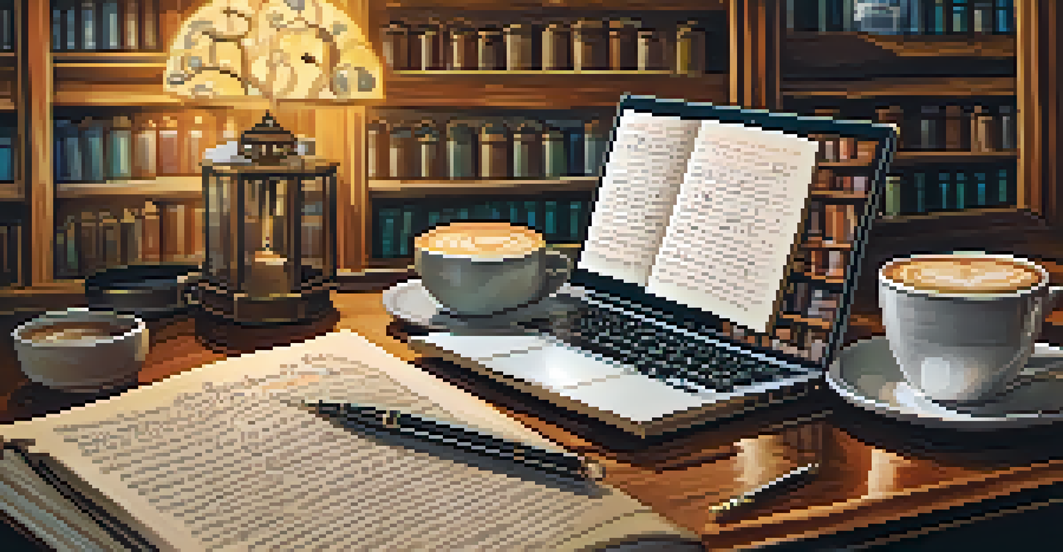 A close-up of a person journaling in a café, with an open journal, coffee, and books around.