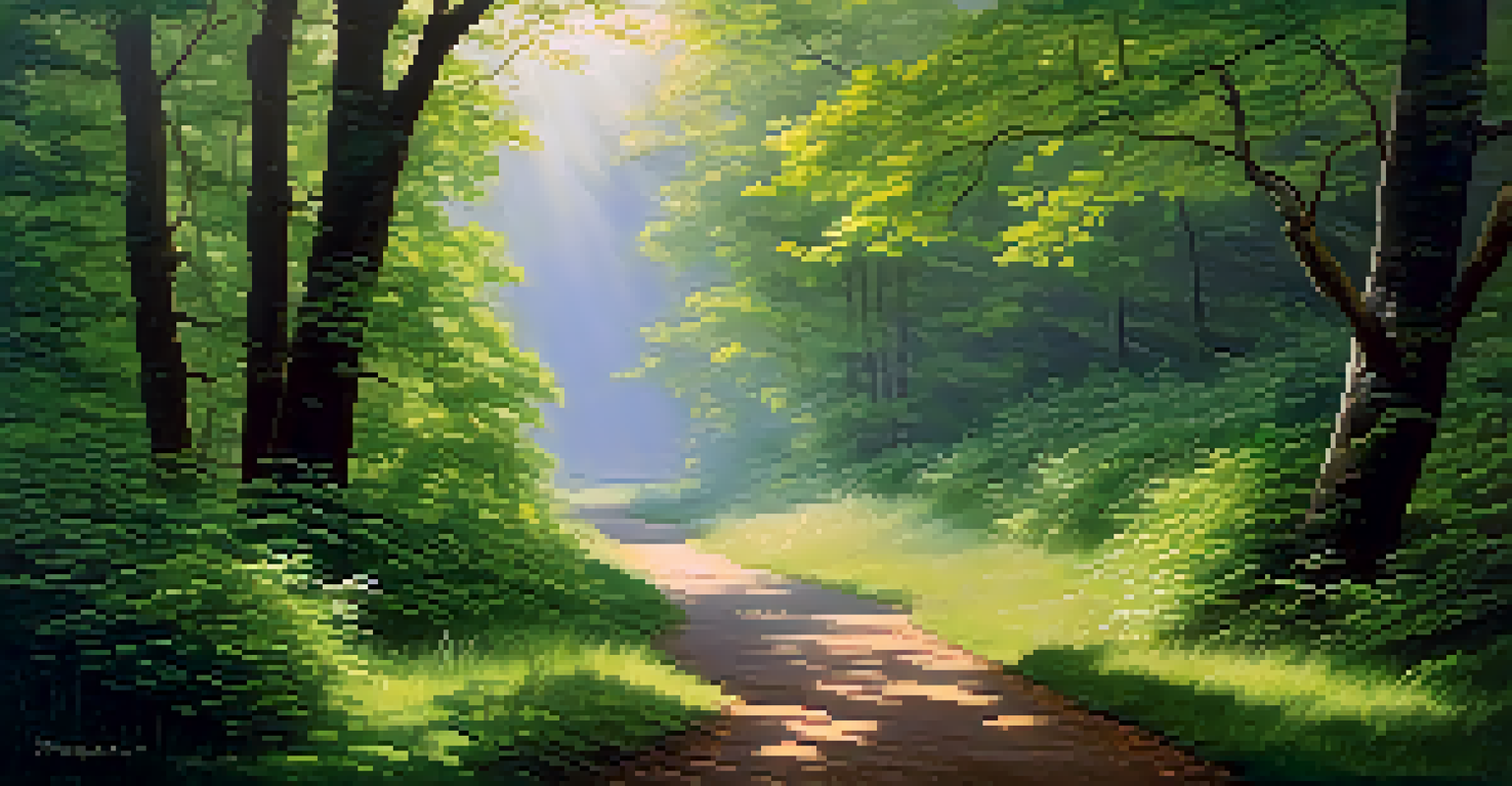 A winding path in a lush green forest with sunlight filtering through leaves and birds on branches.