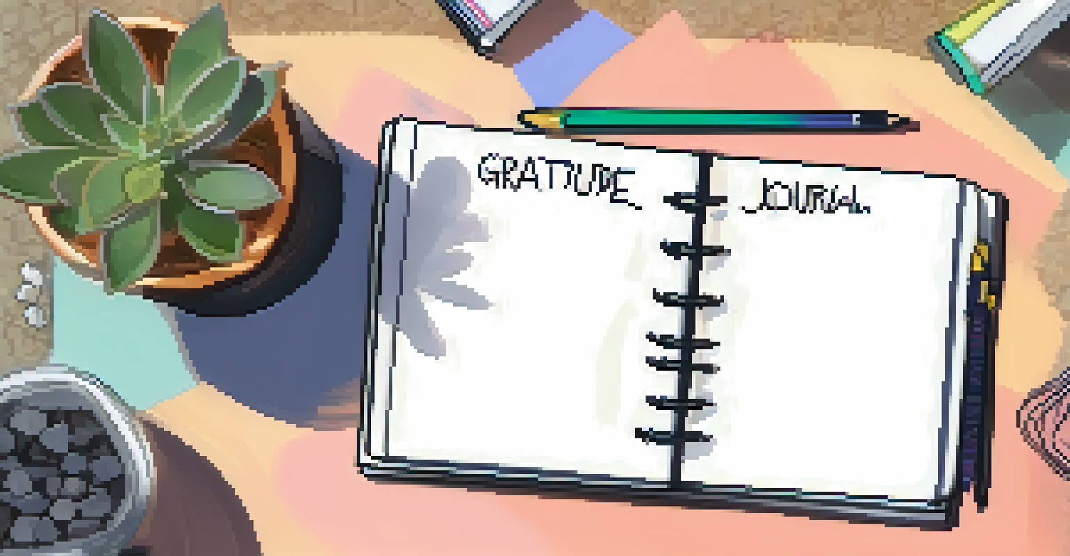 An overhead view of a gratitude journal with a hand writing, surrounded by sticky notes, a succulent, and a candle, creating a warm atmosphere.