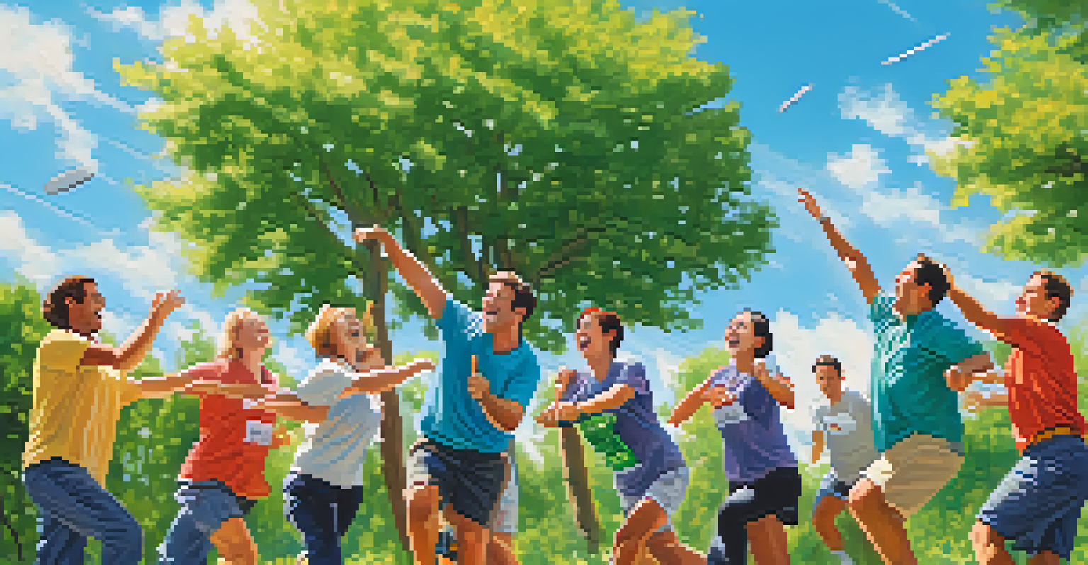 A team participating in a trust fall exercise outdoors, with bright blue skies and green surroundings, showcasing laughter and teamwork.