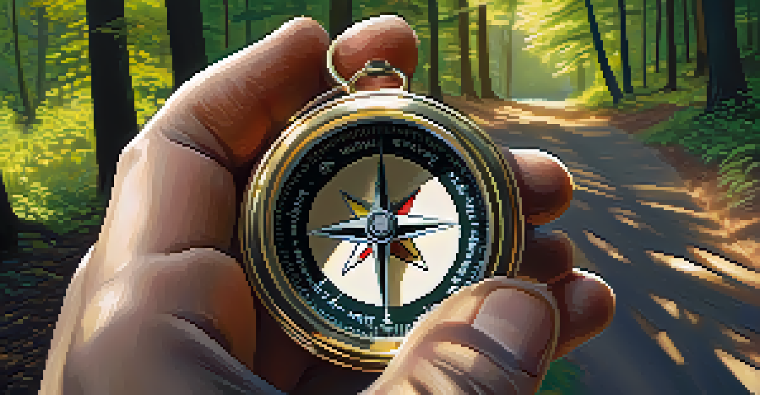 A close-up of hands holding a compass in a sunlit forest, symbolizing direction and adventure.