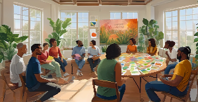 A diverse group of people in a workshop setting, engaged in a values exploration activity with colorful cards and a warm atmosphere.