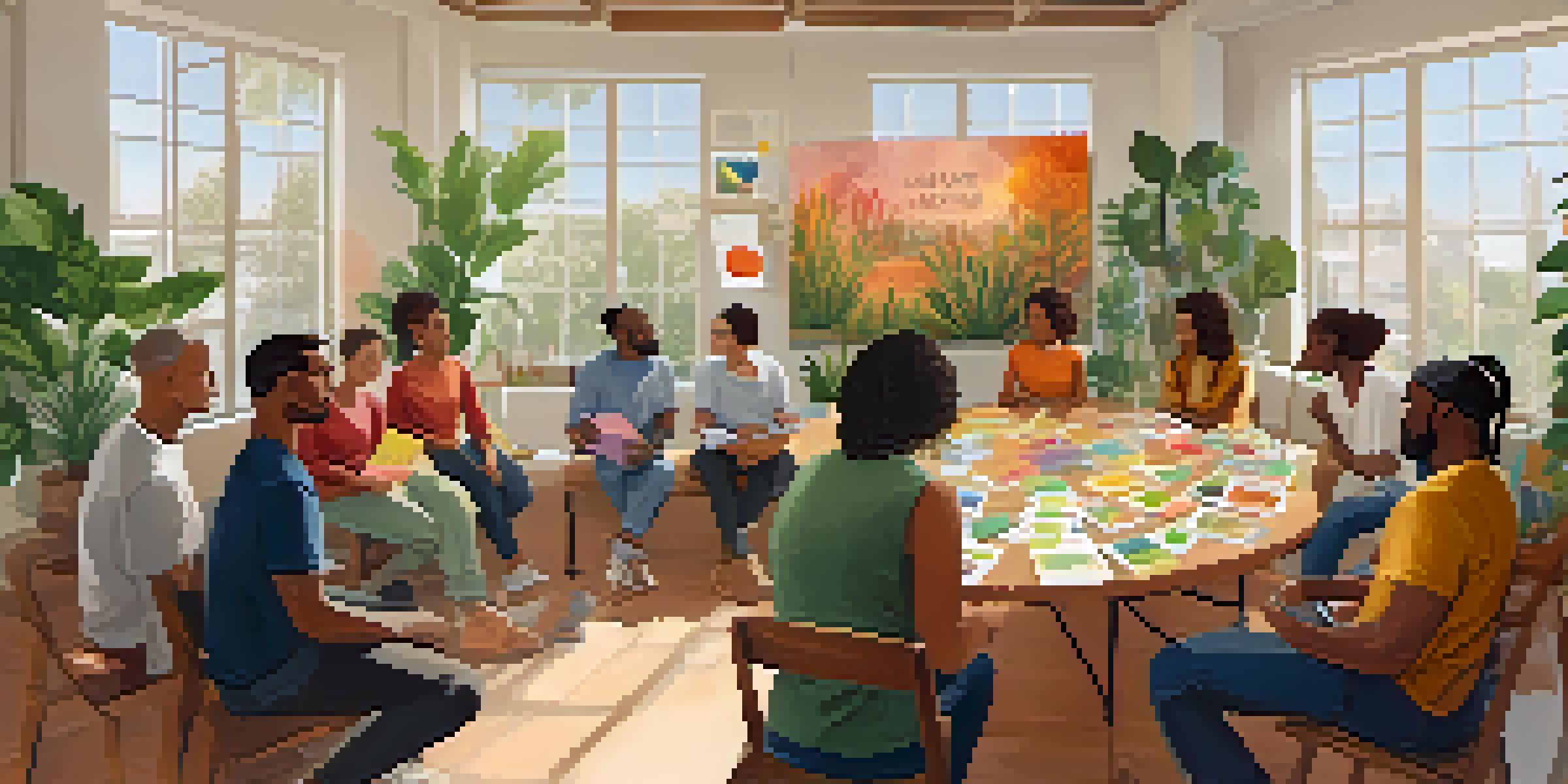 A diverse group of people in a workshop setting, engaged in a values exploration activity with colorful cards and a warm atmosphere.