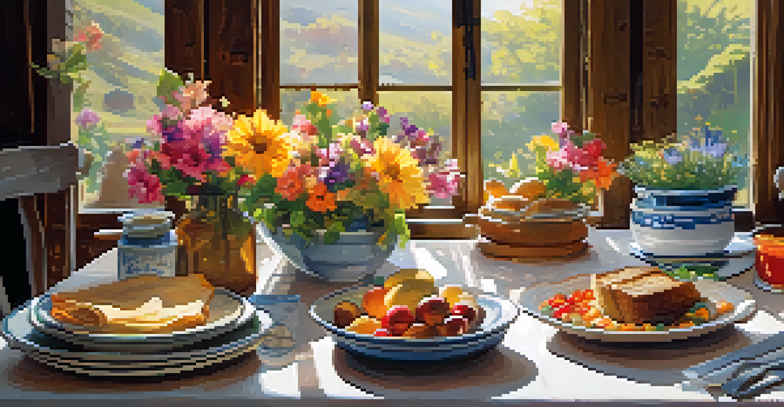 A rustic table with a gratitude jar and a meal, illuminated by natural light.
