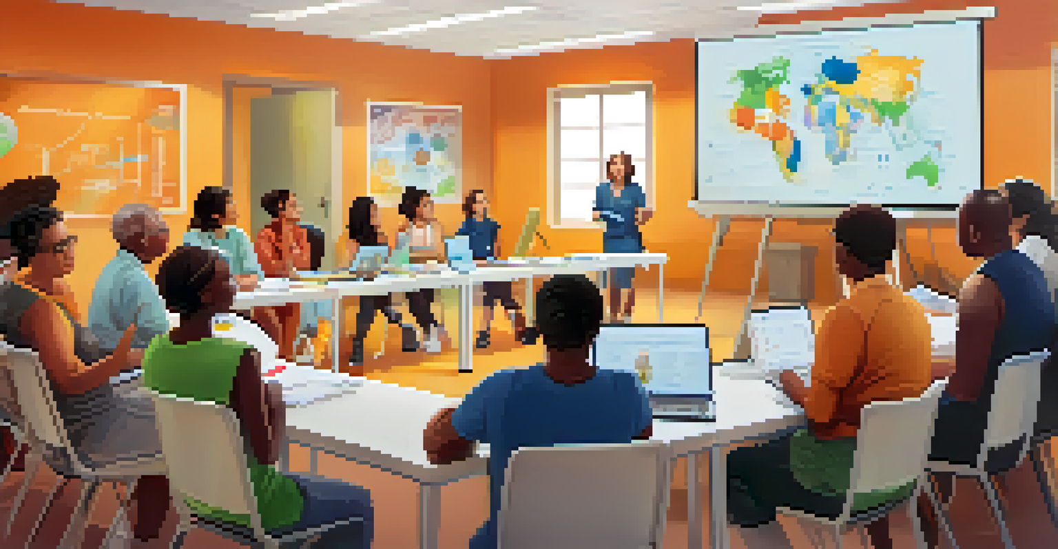 A health education workshop with diverse participants listening to an educator in a bright classroom.