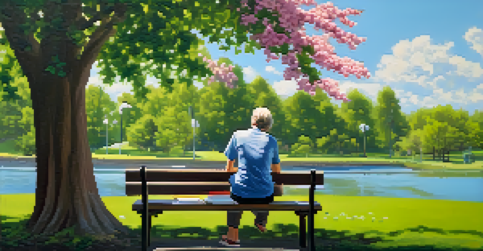 A person sitting on a park bench, writing in a journal amidst blooming flowers and trees under a blue sky.