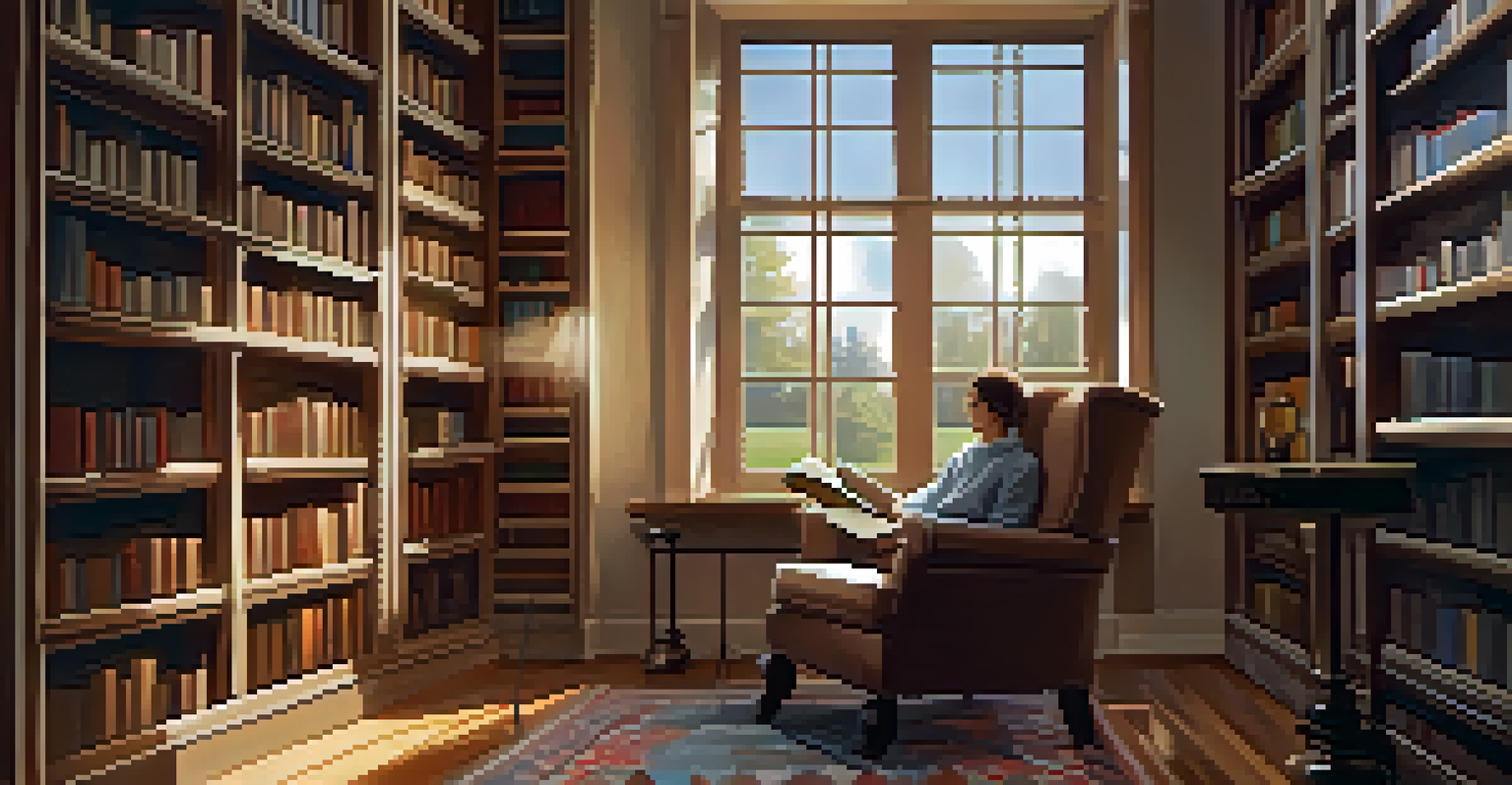A peaceful library with a person reading a book in a cozy nook, surrounded by bookshelves and soft lighting.