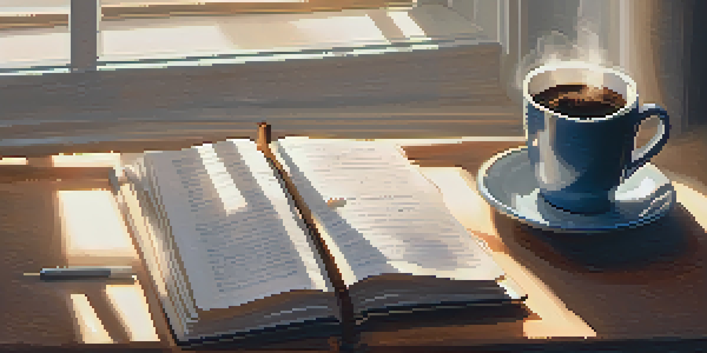 A cozy workspace with an open journal, a cup of coffee, and soft morning light illuminating the scene.