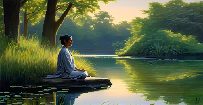 A person meditating by a calm pond during sunrise, surrounded by green trees, reflecting a peaceful atmosphere.