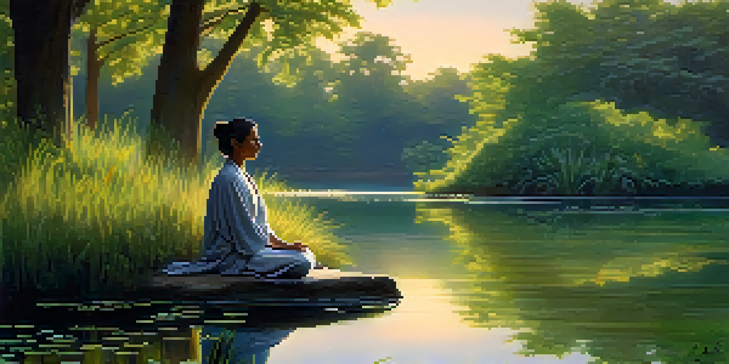 A person meditating by a calm pond during sunrise, surrounded by green trees, reflecting a peaceful atmosphere.