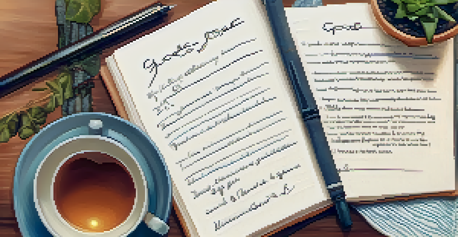 A hand writing in a journal with motivational items, creating a cozy ambiance.