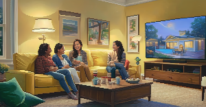 A family enjoying a comedy show together in a cozy living room, filled with laughter and warmth.