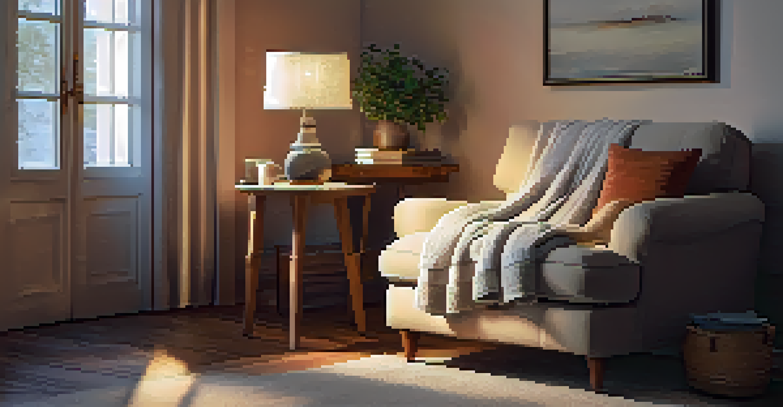 A cozy living room corner with a comfortable chair, a stack of books, and a small table with a candle, illuminated by warm light.