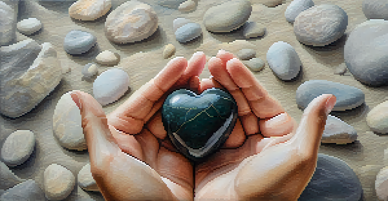 A close-up of hands holding a heart-shaped stone against a blurred natural background, representing emotional connection and empathy.