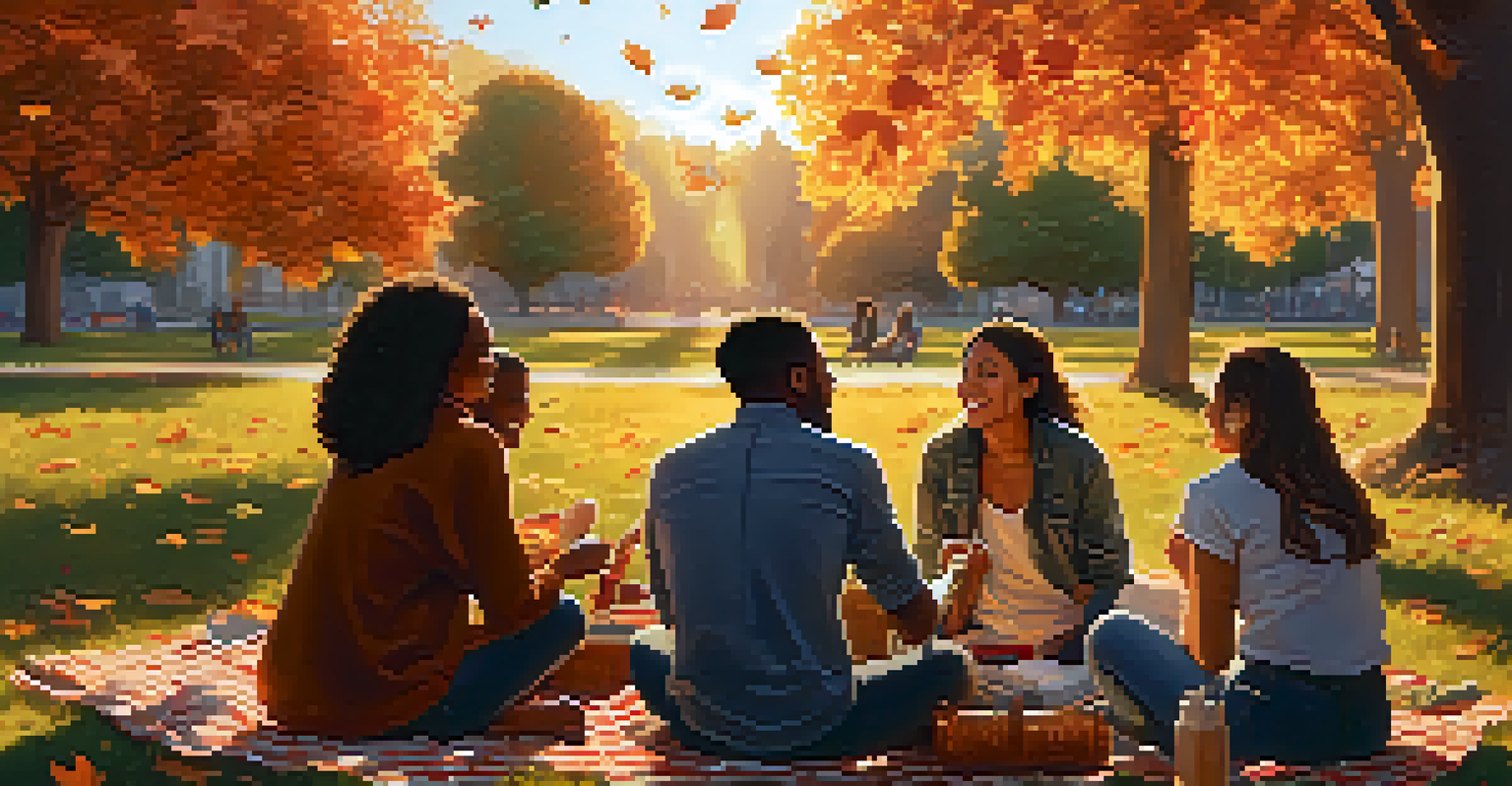 A group of friends enjoying a picnic in a park during sunset, surrounded by colorful autumn leaves.