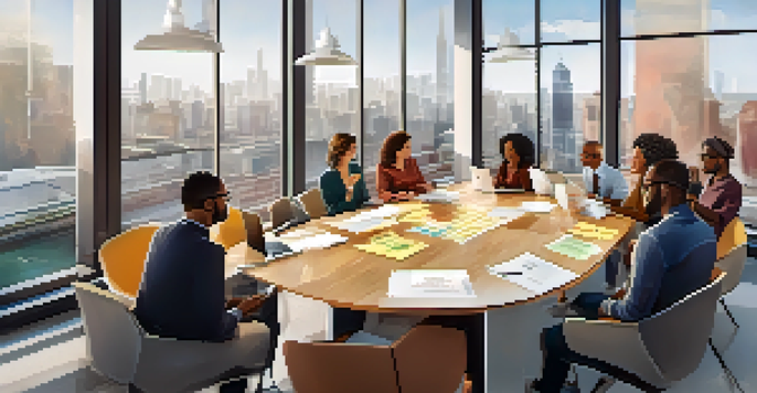 A diverse group of professionals collaborating in a bright conference room, surrounded by windows and city views, with colorful post-it notes and laptops on the table.