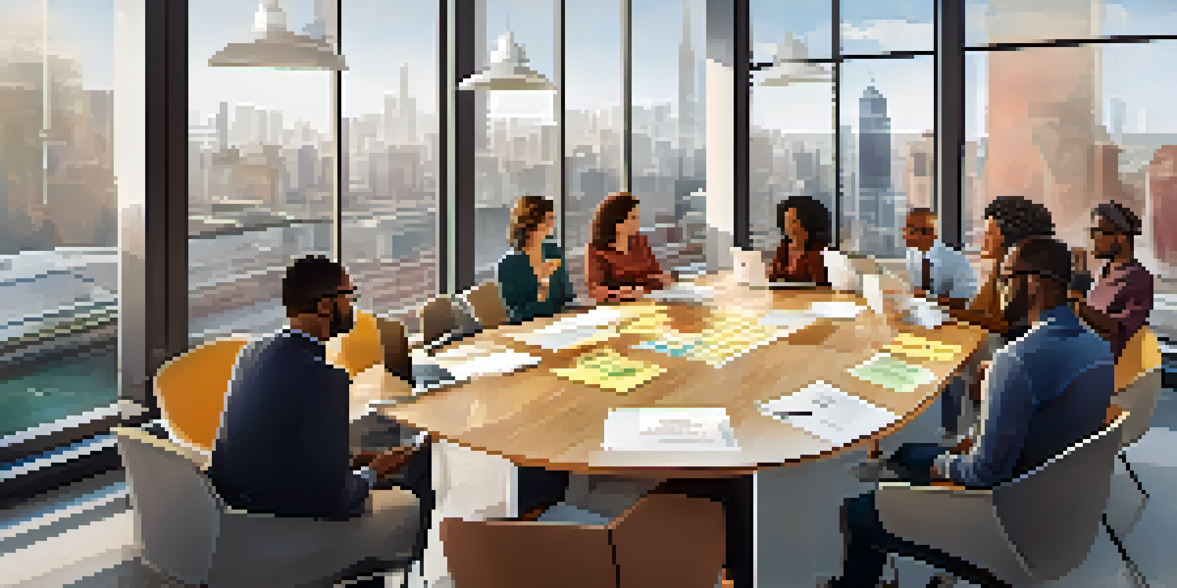A diverse group of professionals collaborating in a bright conference room, surrounded by windows and city views, with colorful post-it notes and laptops on the table.