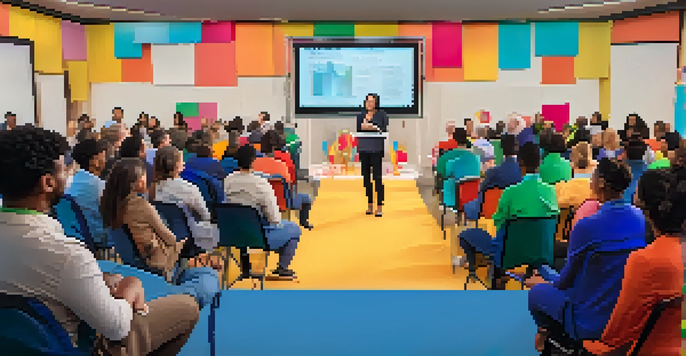 A diverse group of people in an engaging presentation room, participating in a live Q&A session with a poll displayed on a large screen.