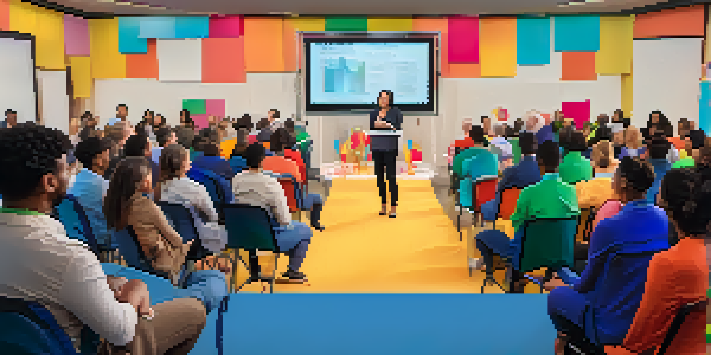 A diverse group of people in an engaging presentation room, participating in a live Q&A session with a poll displayed on a large screen.