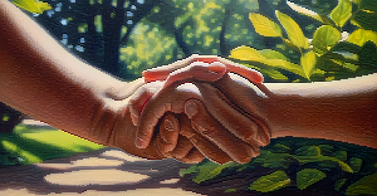 Two hands clasped together in support, with a blurred park background and sunlight filtering through leaves.