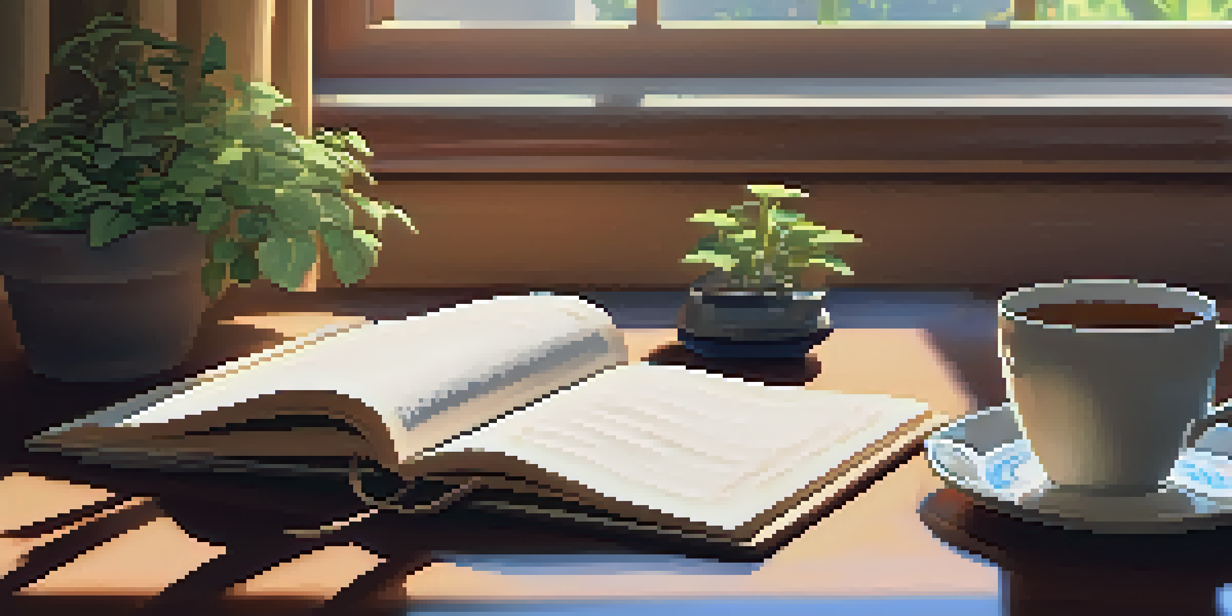 A cozy workspace with a desk, journal, tea cup, and plant in soft morning light.