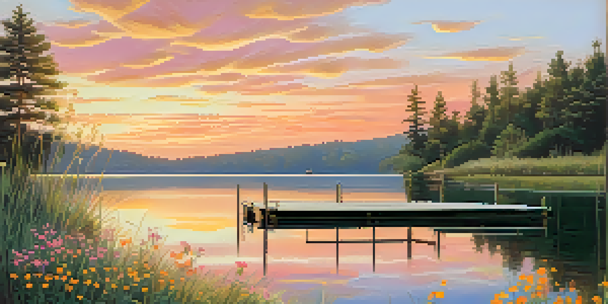 A tranquil sunrise over a calm lake with blooming wildflowers and a wooden dock.