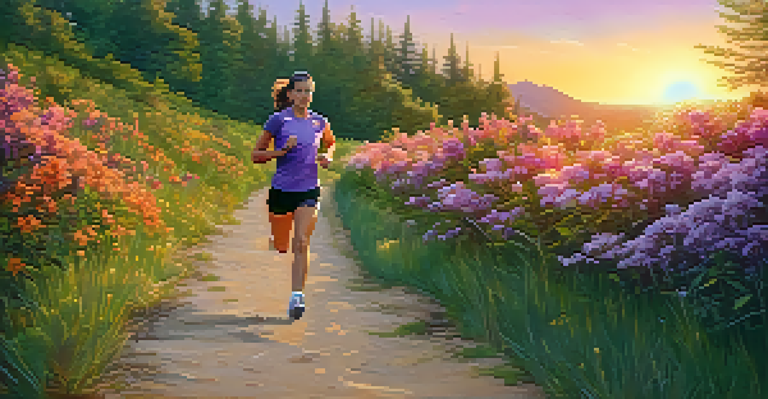 A person jogging on a scenic trail surrounded by trees and flowers during sunset.