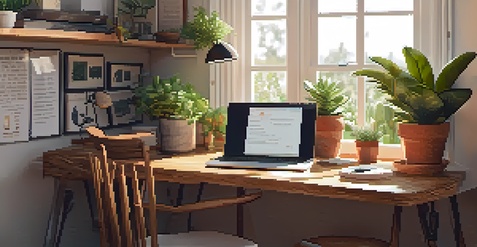A bright and inviting home office with a wooden desk, laptop, plants, and motivational quotes on the walls illuminated by natural light.