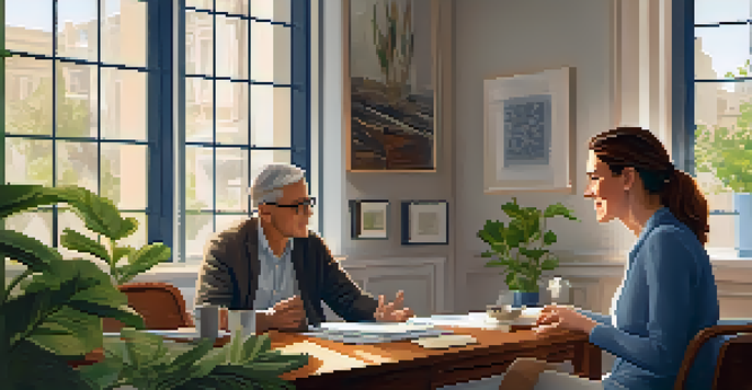 A life coach listens attentively to a client in a cozy office setting, with warm lighting and plants around.