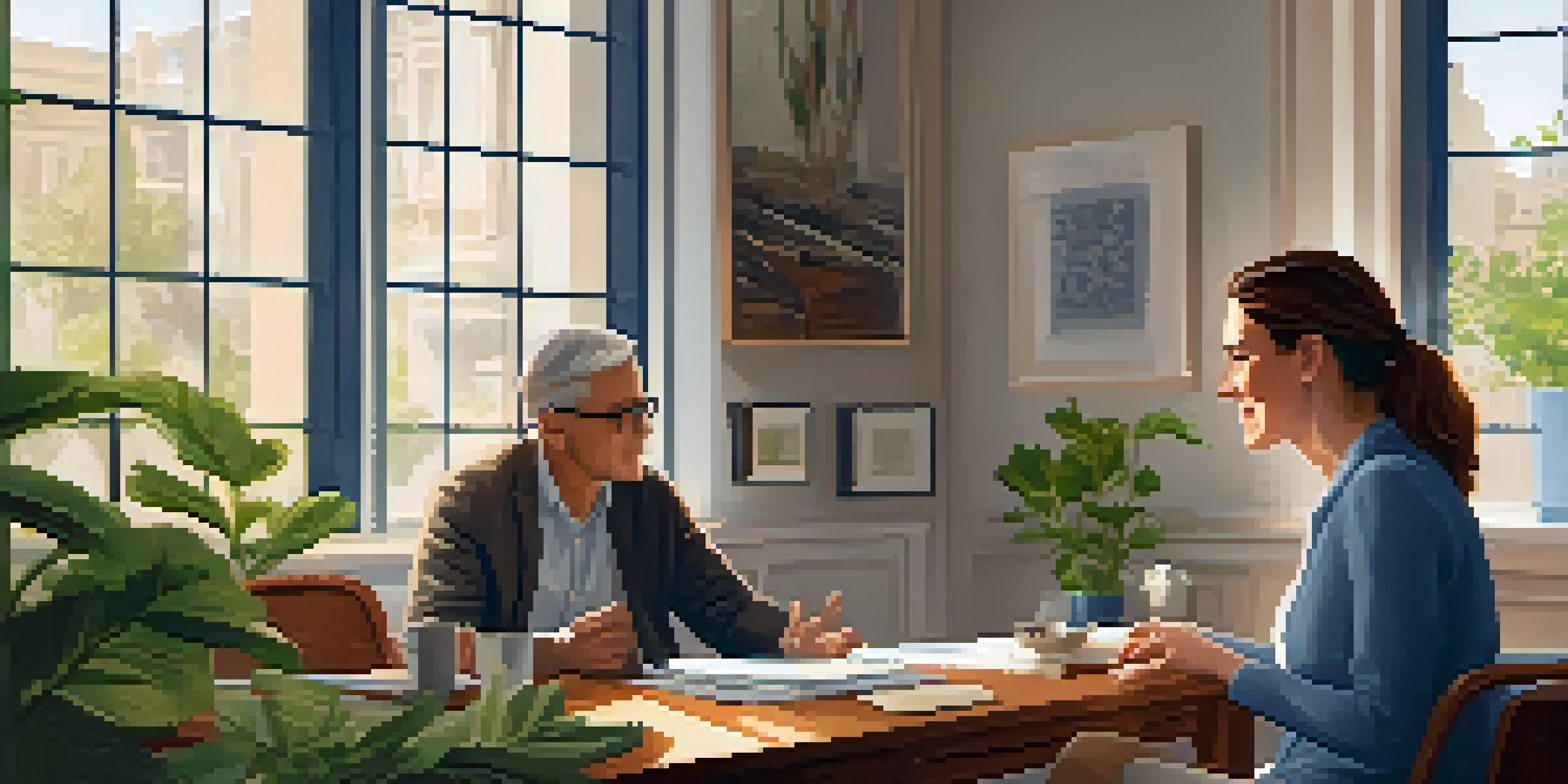 A life coach listens attentively to a client in a cozy office setting, with warm lighting and plants around.