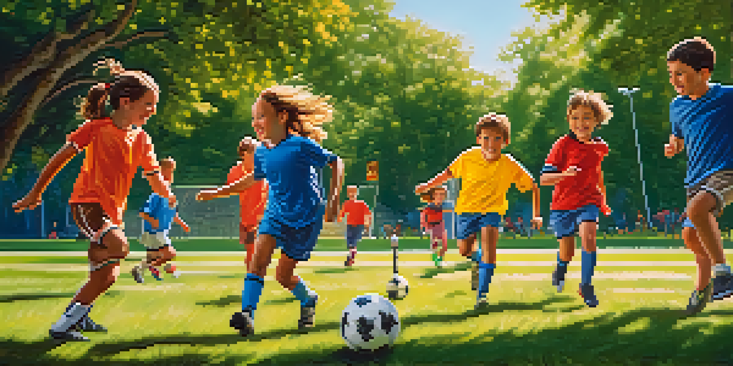Children playing soccer in a sunny park, expressing teamwork and joy.