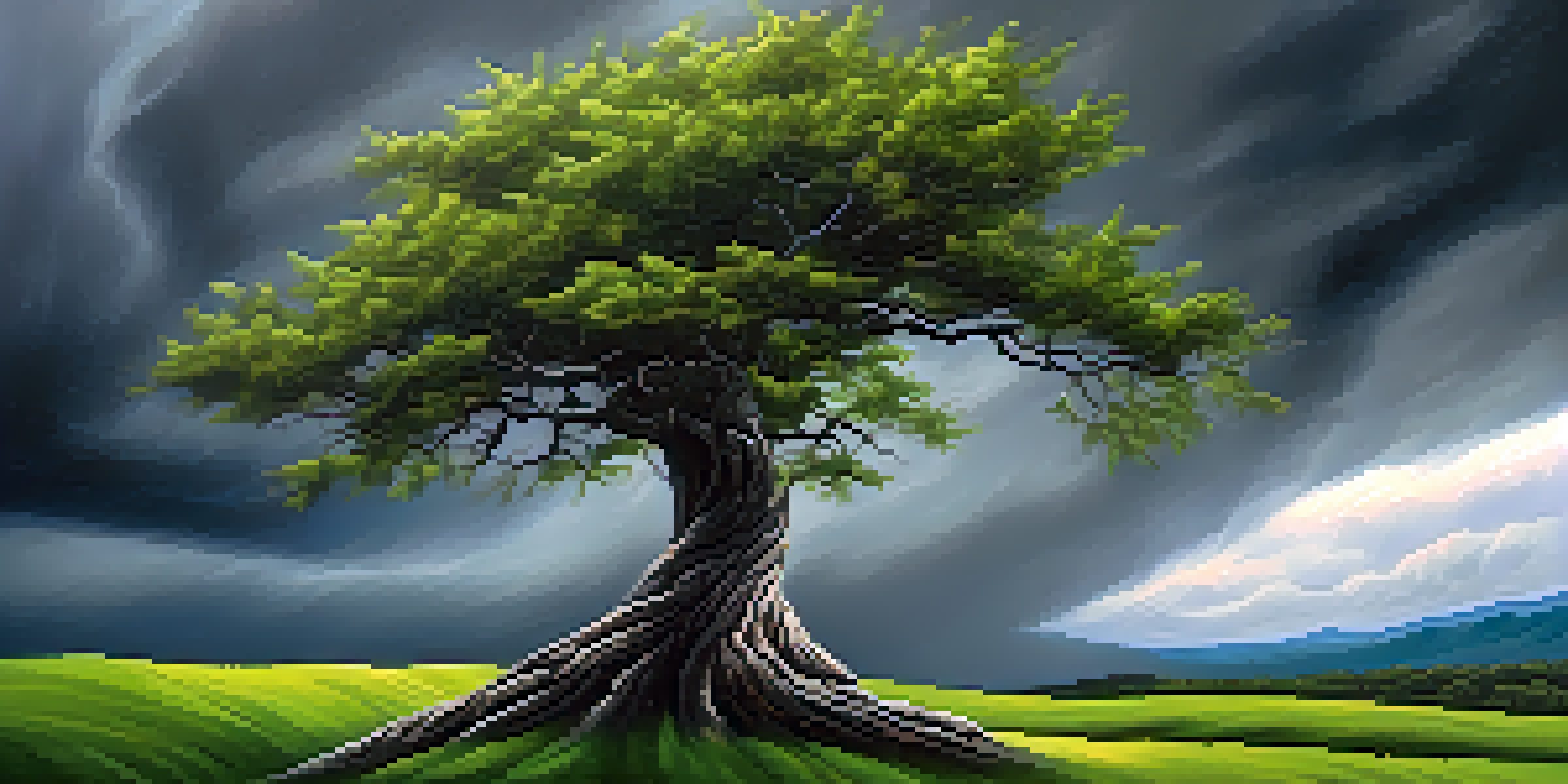 A strong tree bending in the wind under a stormy sky, representing resilience and growth.