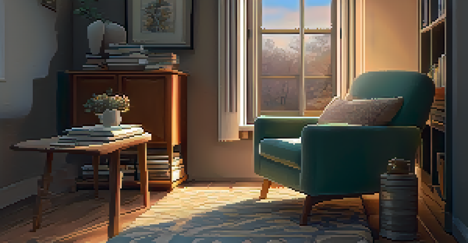 A cozy reading nook with a plush armchair, a side table with a journal and coffee, and a warm lamp, creating a comforting environment for reflection.