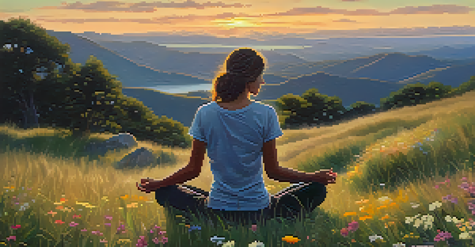 A person practicing mindful breathing on a grassy hilltop during sunset, surrounded by wildflowers and mountains in the background.