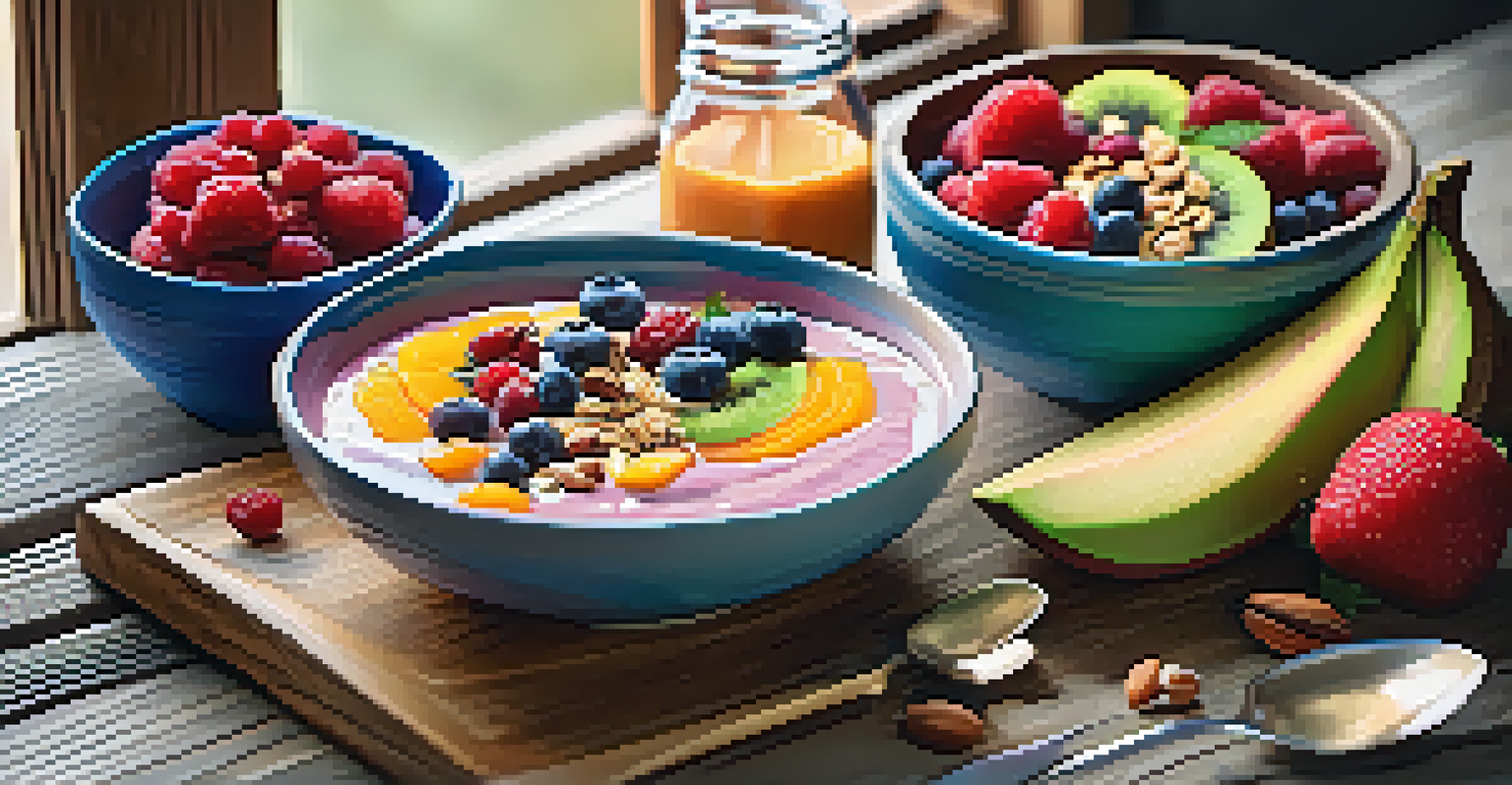 A close-up of a breakfast table featuring a colorful smoothie bowl topped with fresh fruits and nuts, with flowers in a vase nearby.
