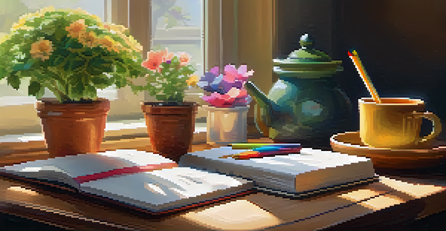 A wooden desk with a journal, colorful sticky notes of affirmations, a cup of tea, and a potted plant, illuminated by warm afternoon light.