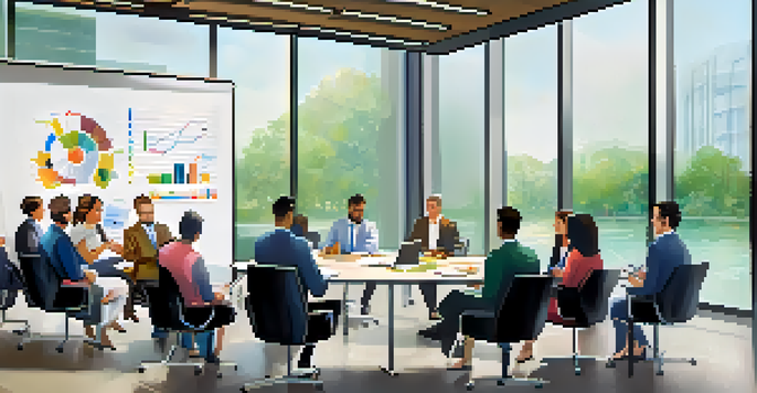 A diverse group of employees in a meeting room discussing change management, with charts on the whiteboard and a bright, collaborative atmosphere.