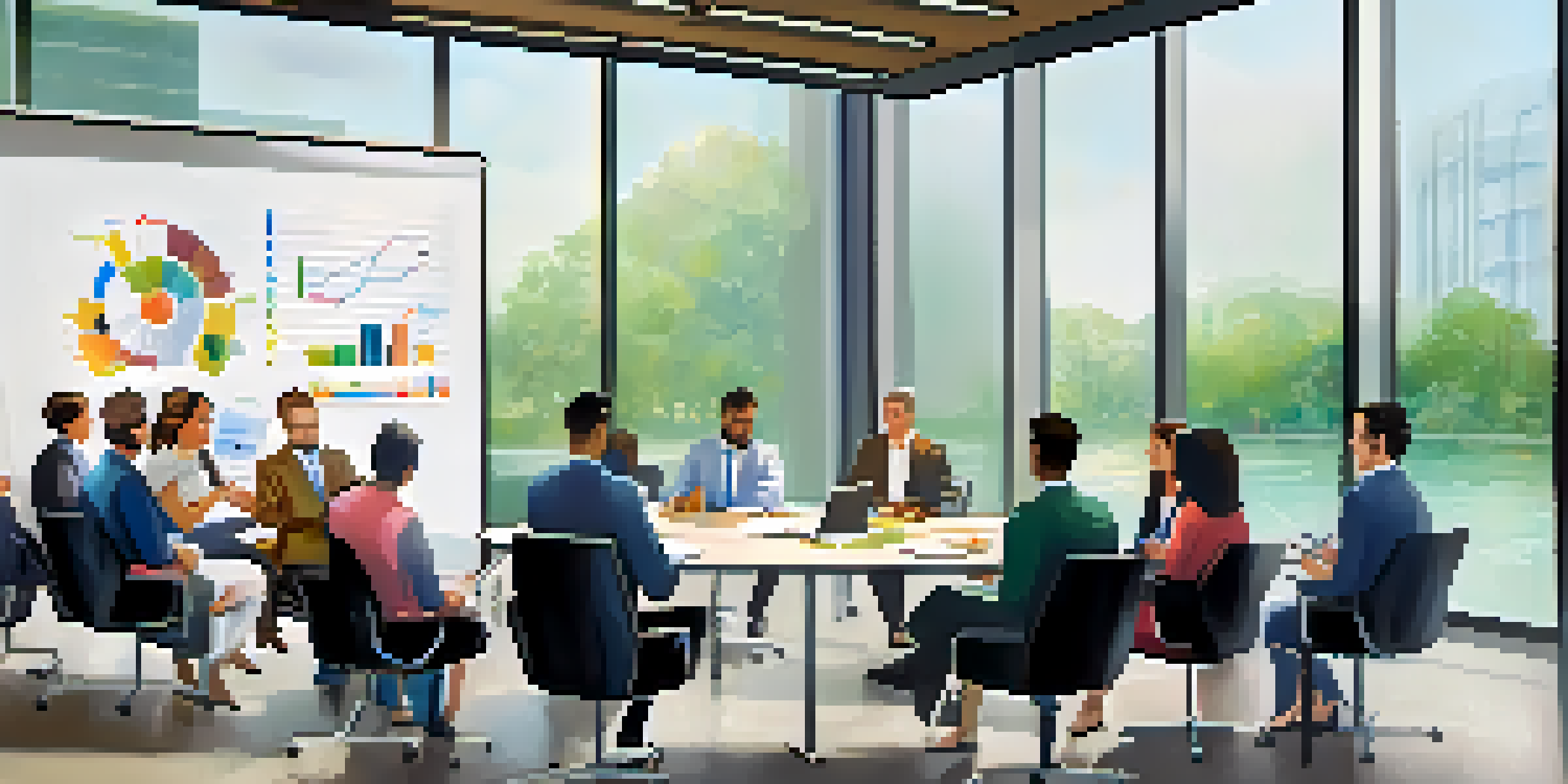 A diverse group of employees in a meeting room discussing change management, with charts on the whiteboard and a bright, collaborative atmosphere.