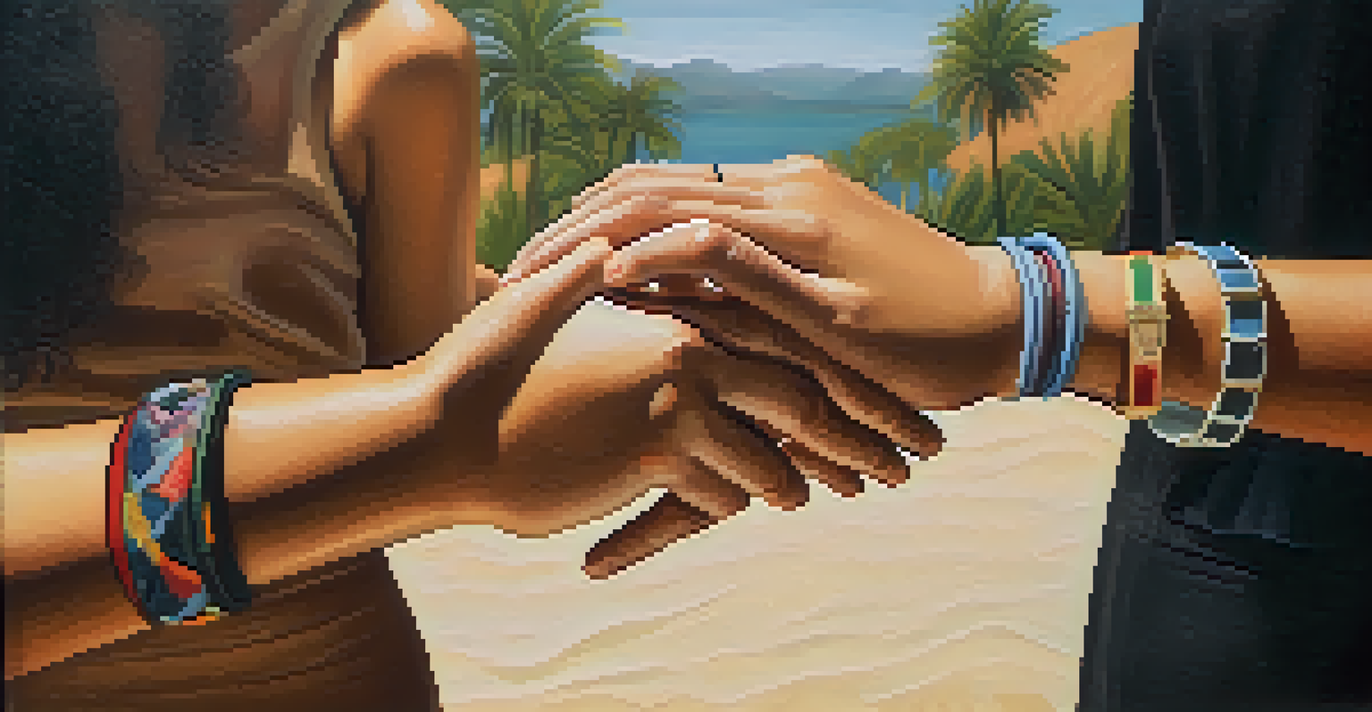 Close-up of diverse hands intertwined, symbolizing friendship and support.