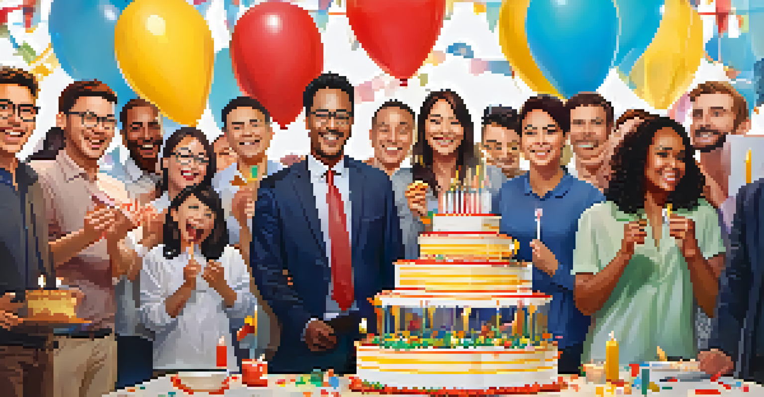 Team celebrating a project milestone with a cake and decorations in a joyful office environment.