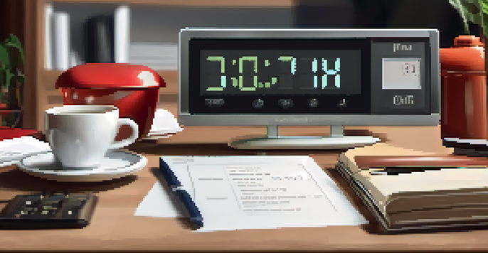 An organized desk featuring a Pomodoro timer, a cup of tea, and a checklist of completed tasks.