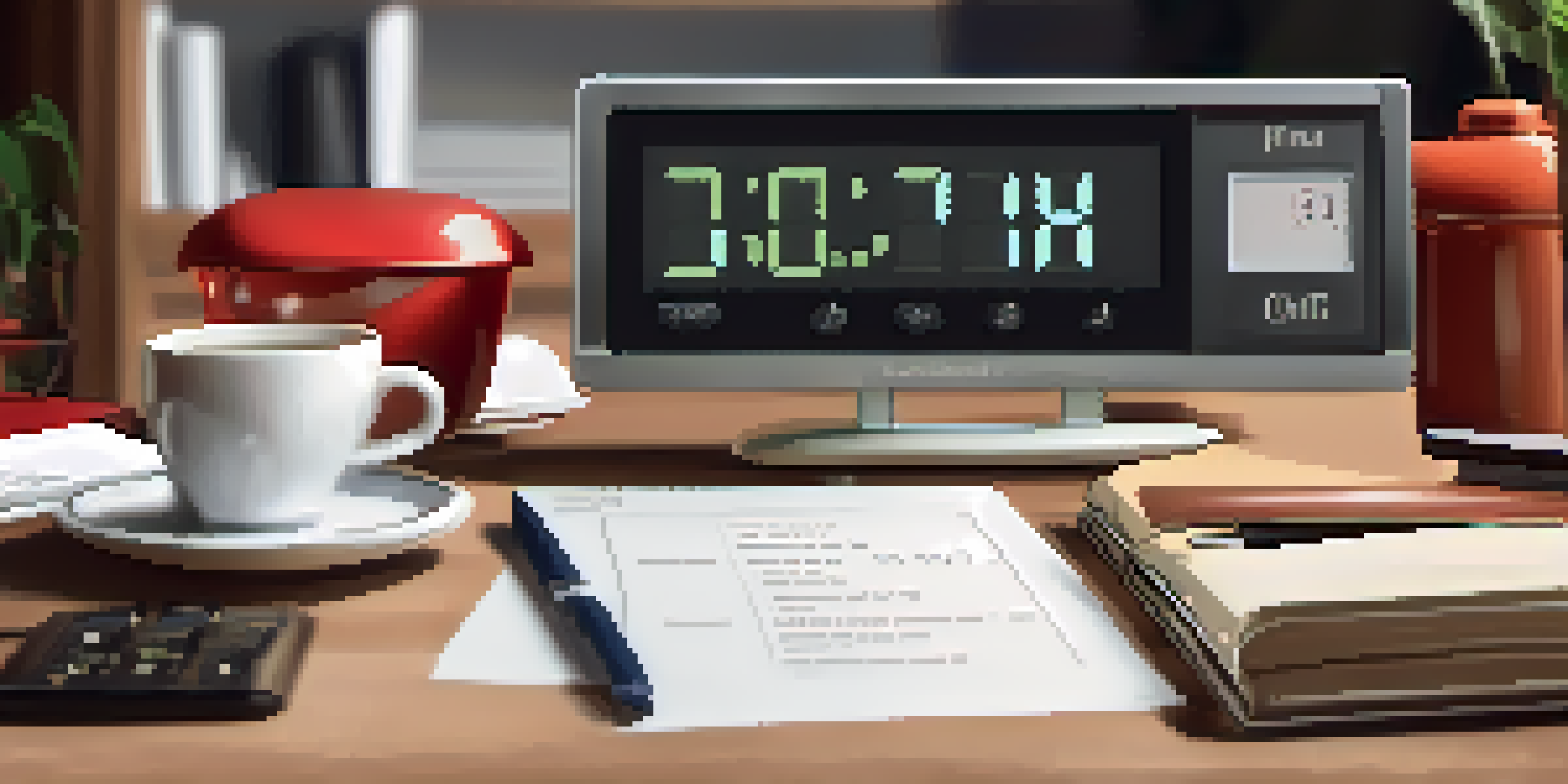 An organized desk featuring a Pomodoro timer, a cup of tea, and a checklist of completed tasks.