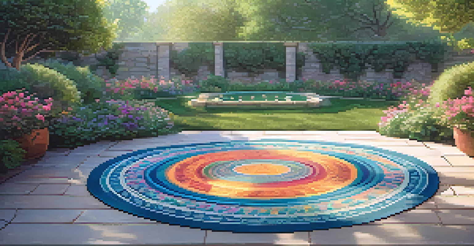 A peaceful outdoor meditation space in a garden with a yoga mat and colorful flowers, illuminated by soft sunlight.