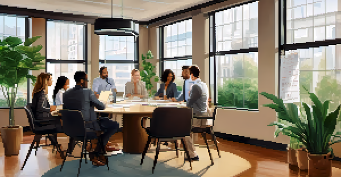 A diverse group of professionals in an office setting, collaborating on strategic planning around a round table with a whiteboard in the background.