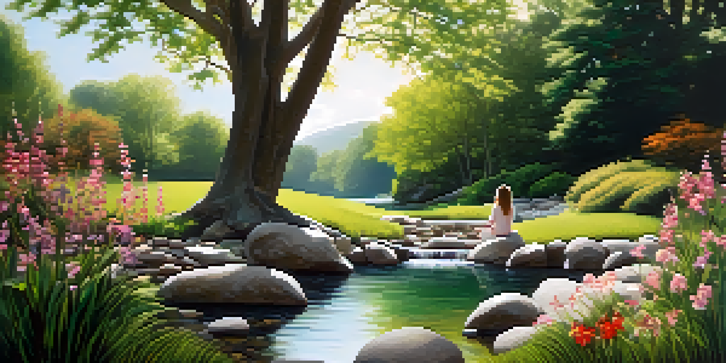 A peaceful garden scene with a person meditating by a stream, surrounded by flowers and trees under soft sunlight.