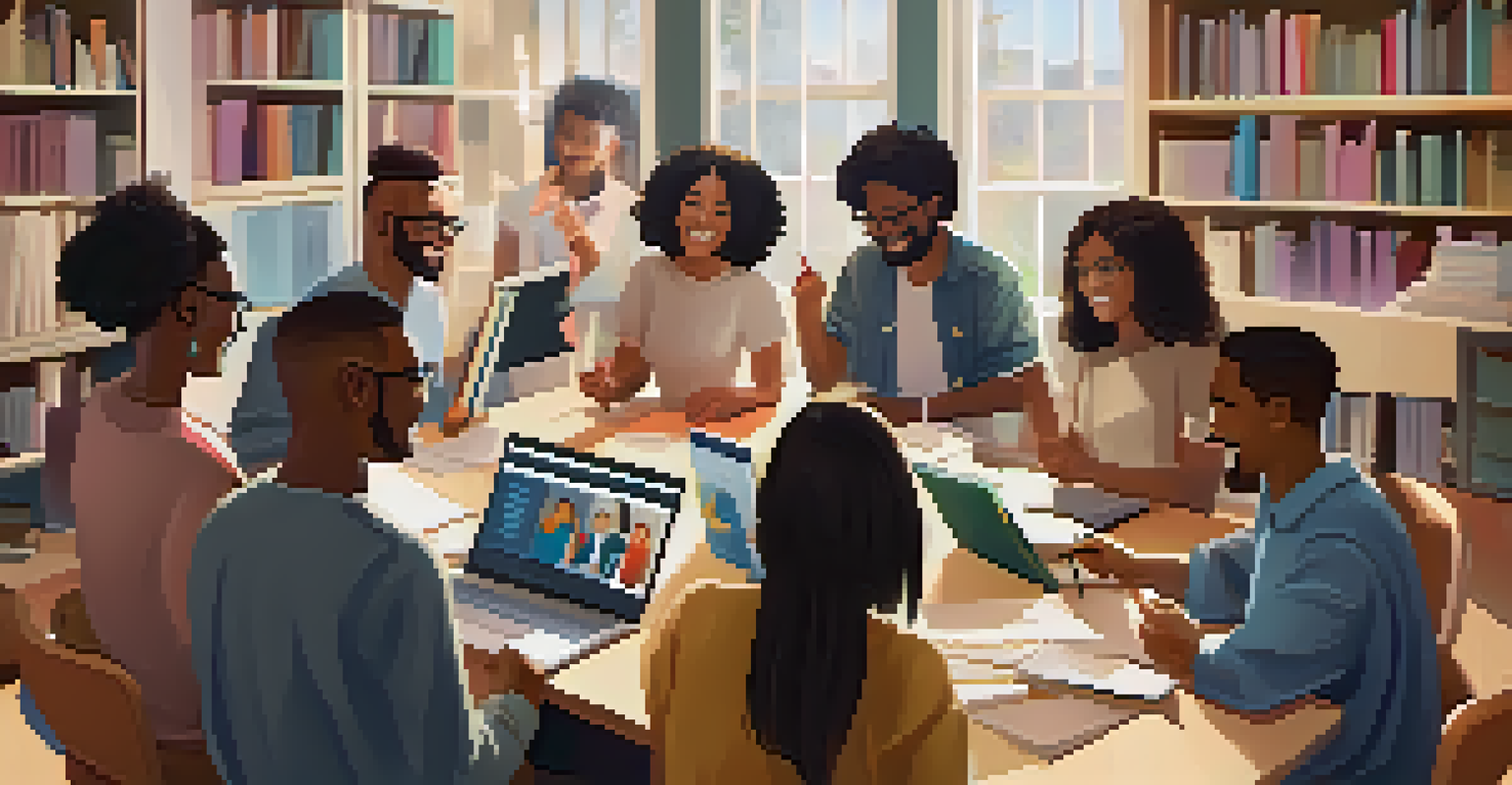 A virtual study session with diverse participants smiling and engaging from their home environments, surrounded by books.