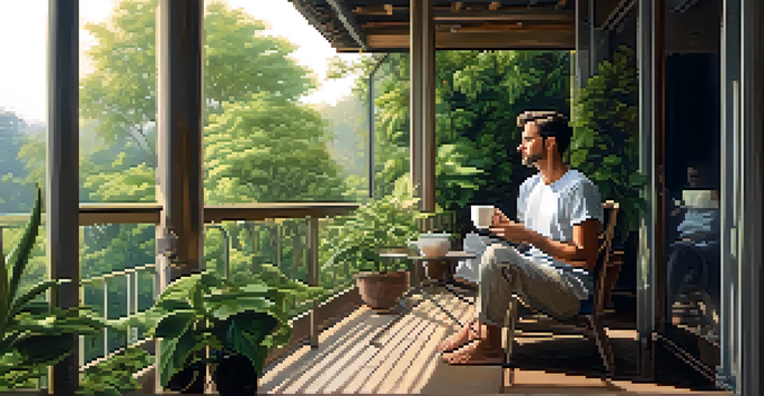 A person sitting on a balcony with a cup of coffee, surrounded by greenery, practicing mindfulness in the morning light.