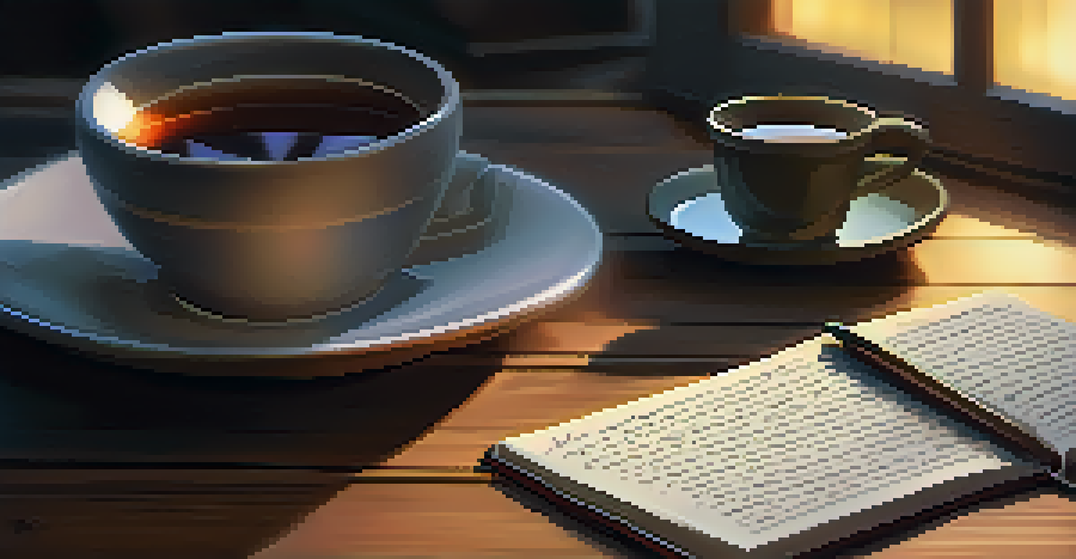 An open journal with handwritten thoughts on a wooden table, next to a steaming cup of tea and a lit candle, creating a cozy atmosphere.
